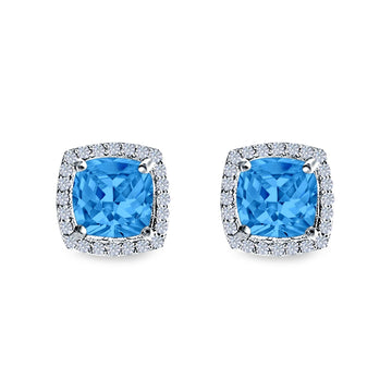 Cushion Cut Stud Earrings Simulated Blue Topaz CZ 925 Sterling Silver